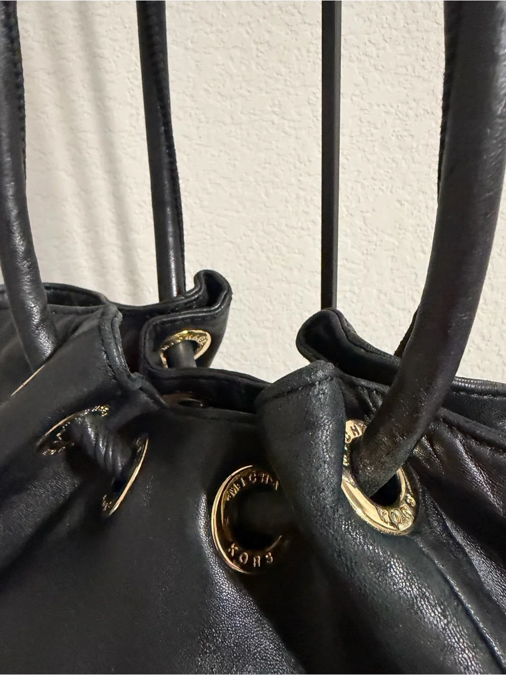 Michael Kors Black Leather Shoulder Tote Bag Gold MK Charming